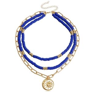 Royal Blue Beads Gold Chain Layered Necklace Soft Pottery / Faux Puka